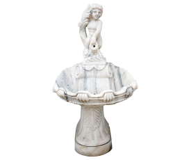 Macael white marble 1-tier wall fountain topped with a boy sculpture holding a fish spout