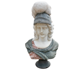 Carrara white, Serpentine green and Alicante red classic woman with helmet bust