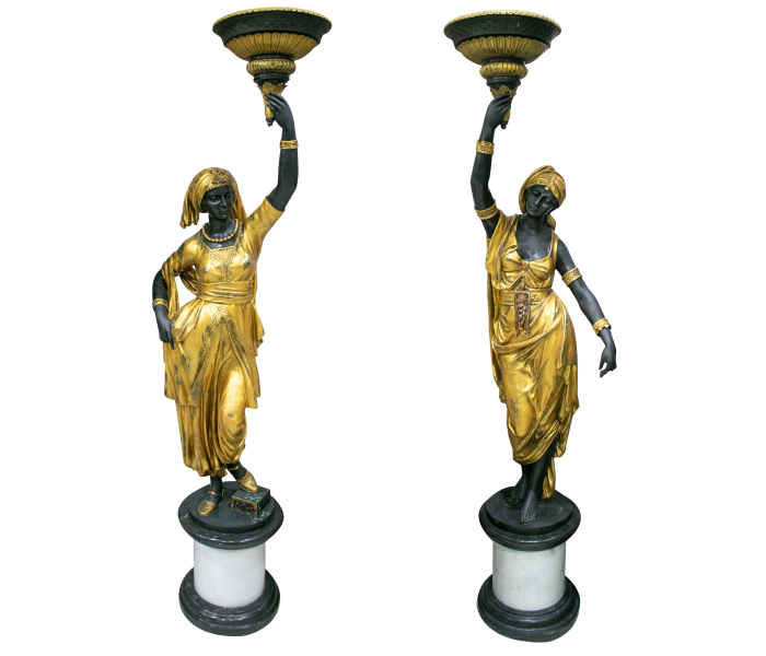 Pair of bronze woman torchiere floor...