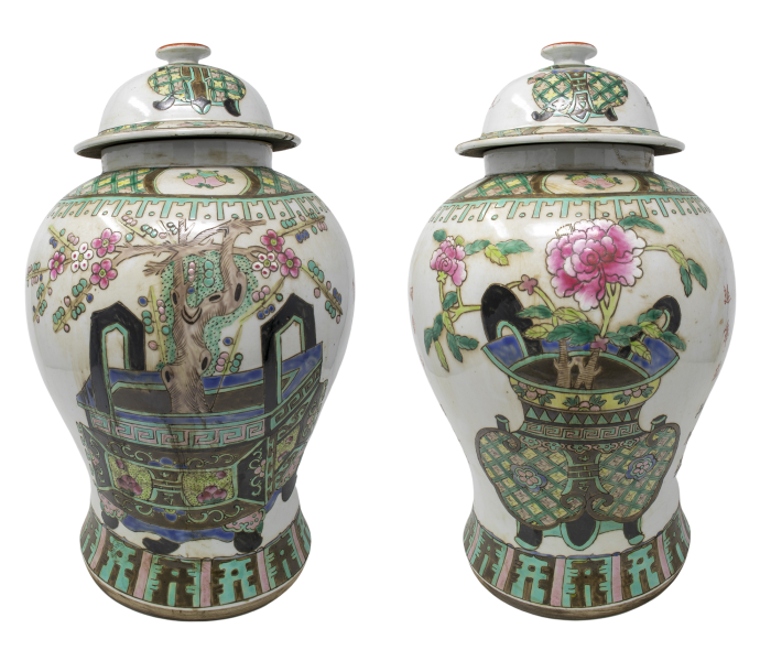 Pair of Chinese painted glazed...
