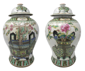 Pair of Chinese painted glazed pocelain urns with lids