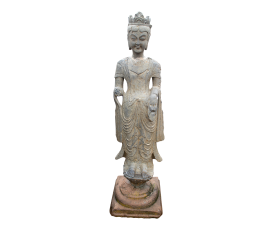 Aged black marble standing Buddha sculpture
