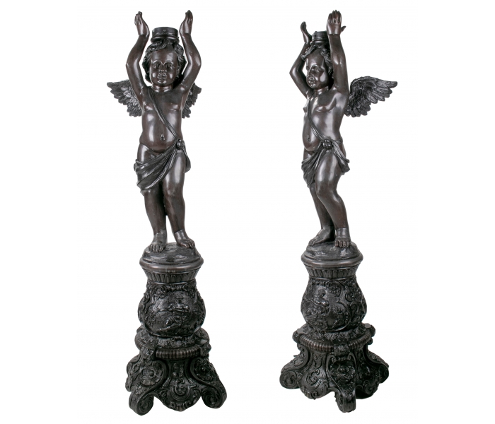 Pair of bronze putti winged cherub...