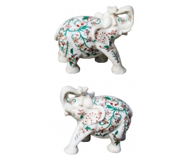 Pair of Macael  white marble elephant sculptures witn inlaid green malachite and mother of pearl ornamentation