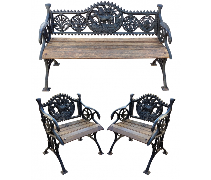 Set of 3 cast iron black benches with...