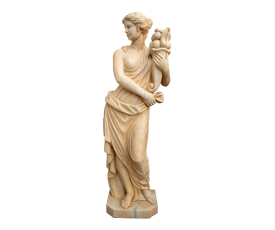 Aged Carrara white marble woman holding cornucopia horn of plenty with fruits.