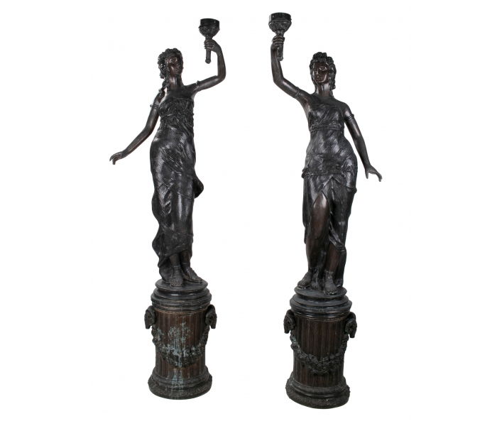 Pair of bronze torchiere woman statue...