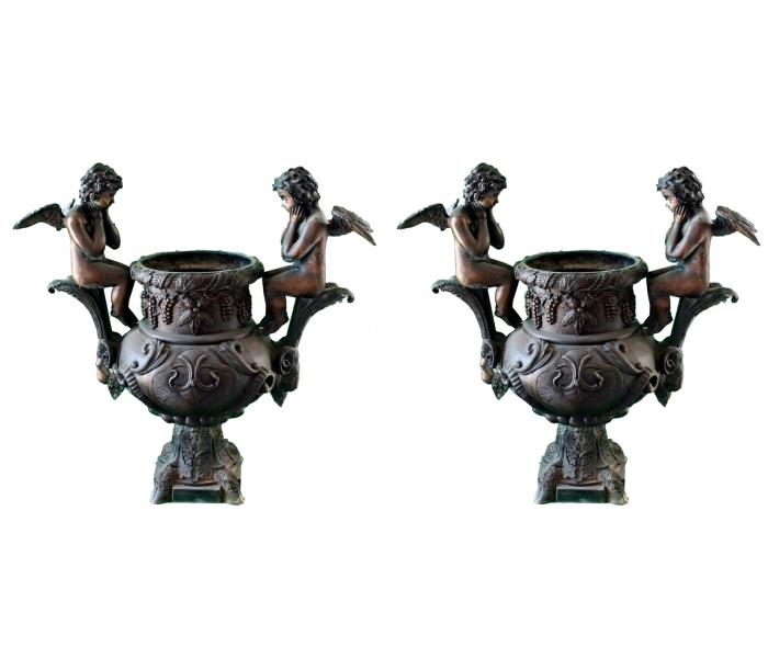 Pair of bronze angel putty garden urns 