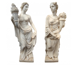 Pair of Carrara white marble women holding cornucopia horns of plenty