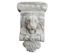 Aged Emperador marble lion head mascaron spout in the shape of a corbel