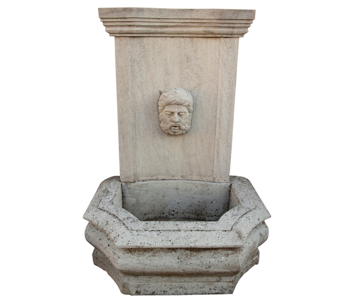 Grey sandstone wall fountain with man...