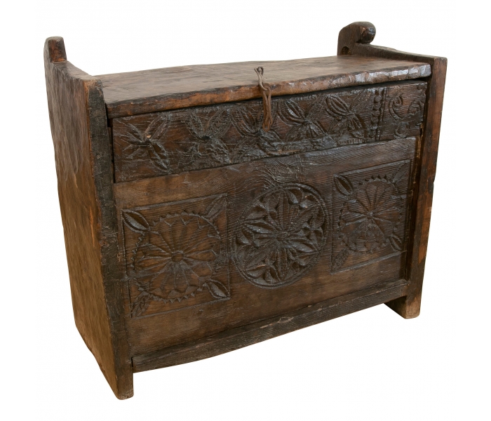 Colonial Hand-Carved Wooden Box with...