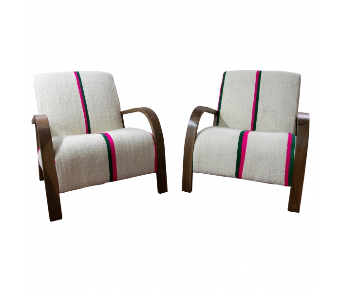 1990s Pair of Upholstered Wooden...