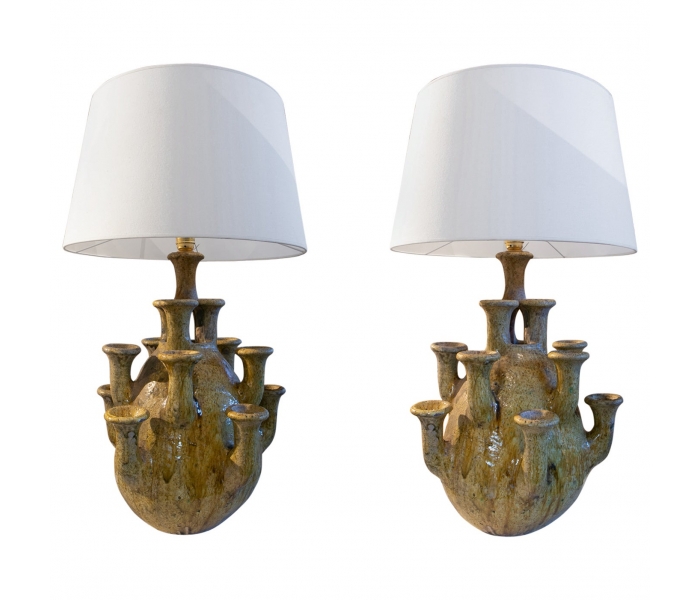 1990s Pair of green glazed ceramic lamps