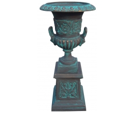 copy of Jardinera de hierro fundido con pedestal y acabado pátina verde