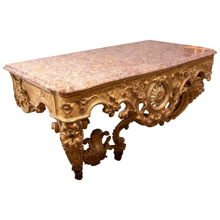 Consola barroca dorada de 1850 con tapa de mármol rosa
