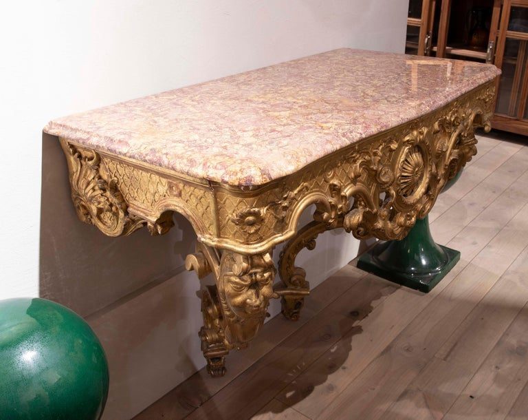 Consola barroca dorada de 1850 con tapa de mármol rosa