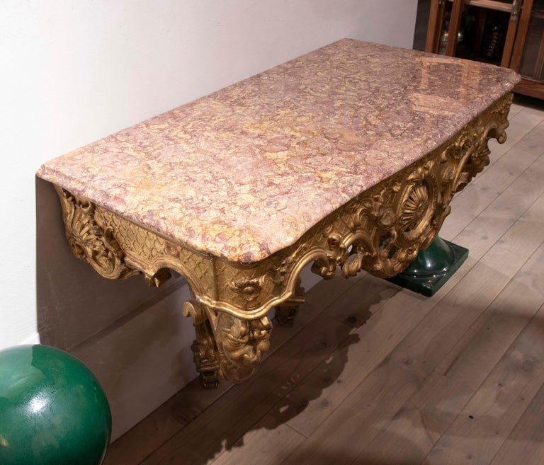 Consola barroca dorada de 1850 con tapa de mármol rosa