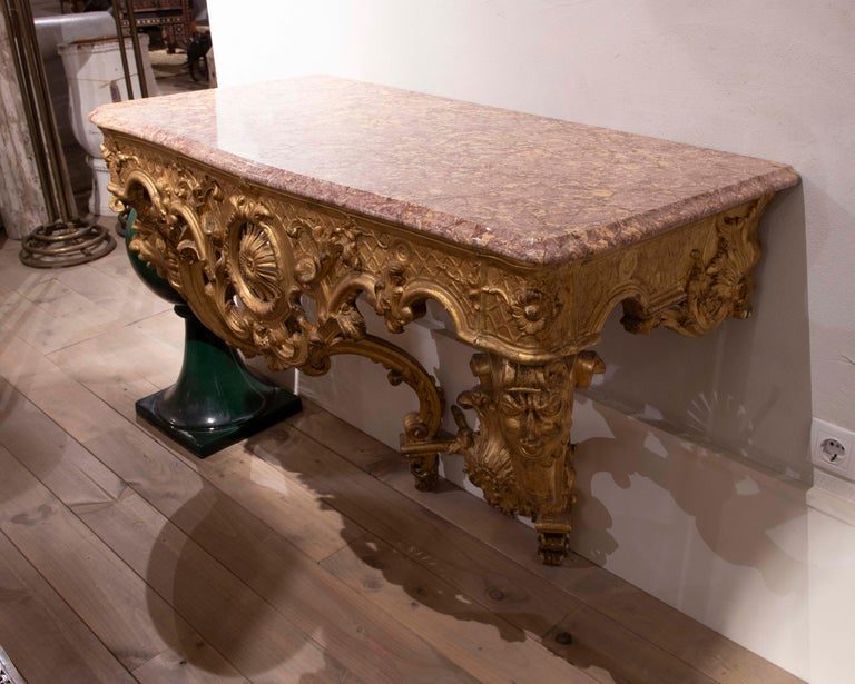 Consola barroca dorada de 1850 con tapa de mármol rosa