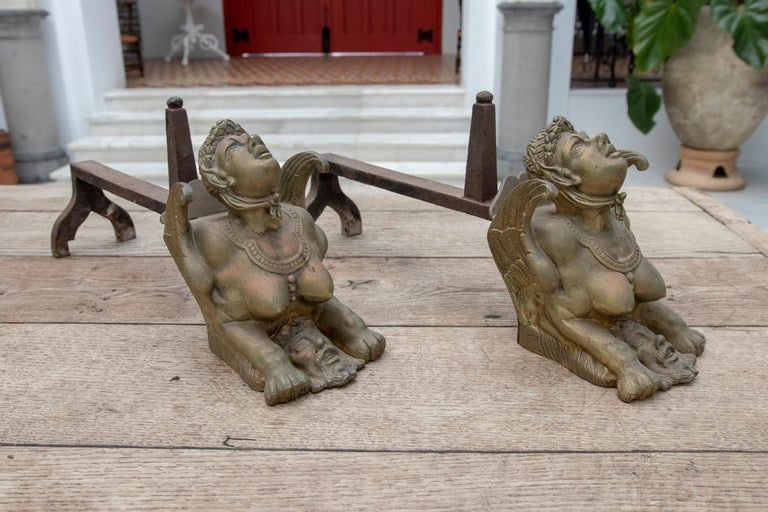 Pareja francesa del siglo XIX de morillos de bronce de personajes alados