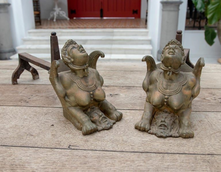 Pareja francesa del siglo XIX de morillos de bronce de personajes alados