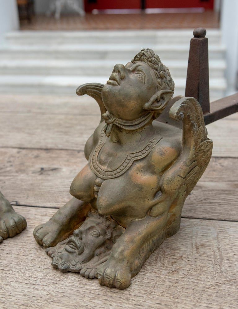 Pareja francesa del siglo XIX de morillos de bronce de personajes alados