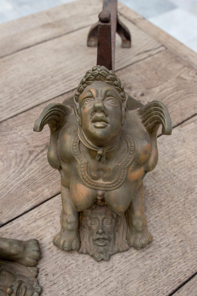 Pareja francesa del siglo XIX de morillos de bronce de personajes alados