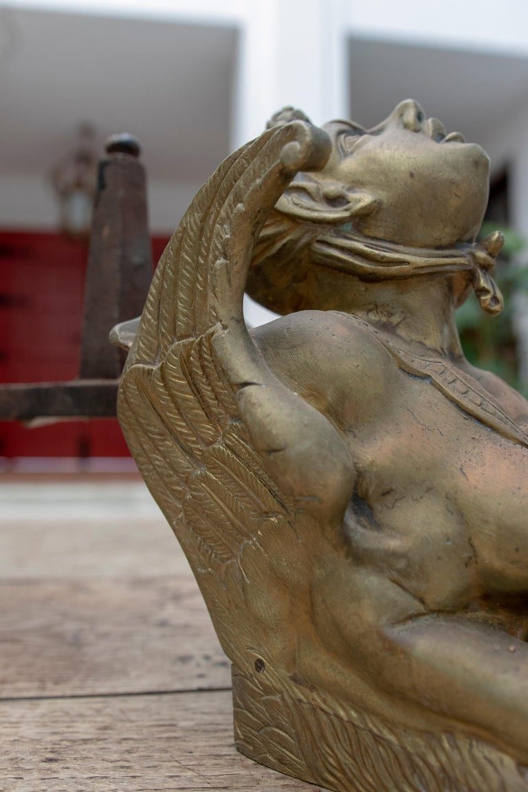 Pareja francesa del siglo XIX de morillos de bronce de personajes alados